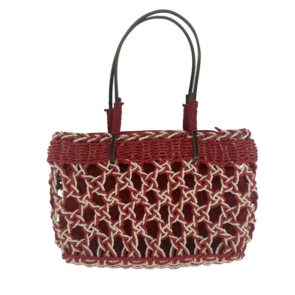 Vintage Style Woven Rope Lattice‎ Handbag Red Cream Zipper Top Summer Beachy
